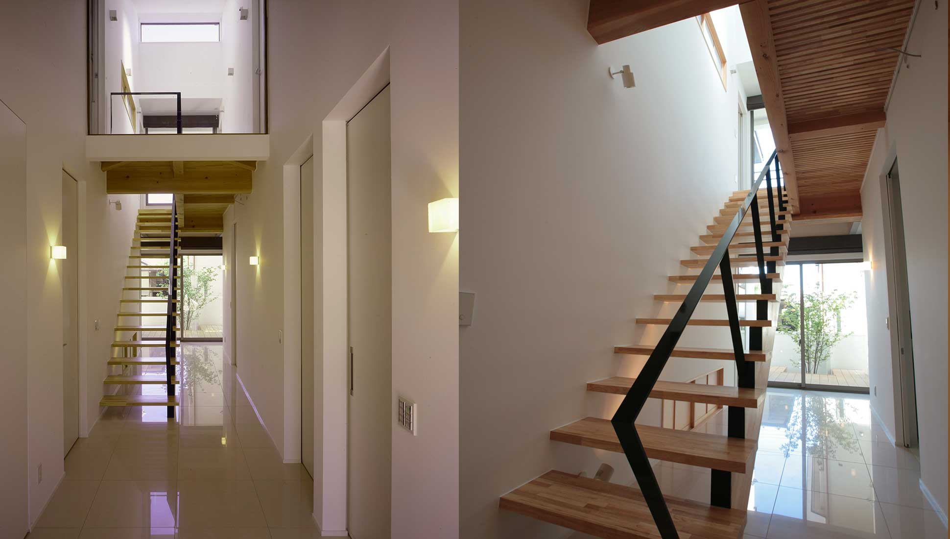 玄関ホールと階段：コの字型中庭のある二世帯住宅　千葉市